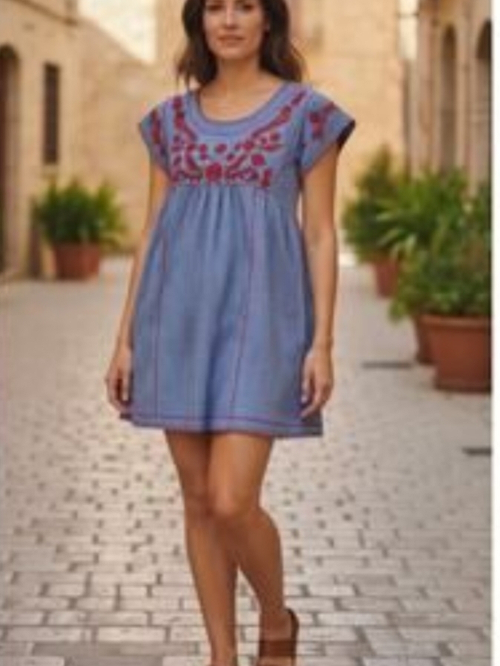 Blue Mini Dress with Pink Embroidered Yoke